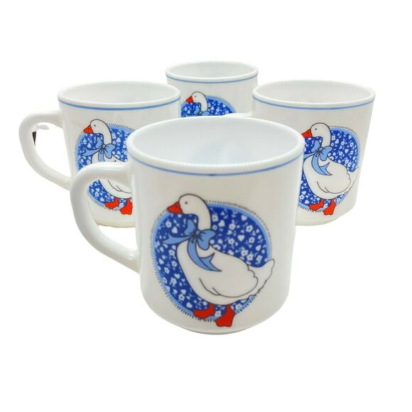 Goose Print Coffee Mug Vintage Arcopal France White Blue Ribbon Set Of Four - Picture 1 of 16
